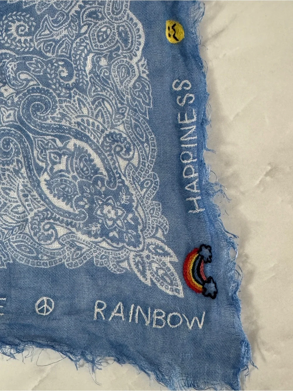 CITRUS Blue Paisley Linen Embroidered Bandana Scarf